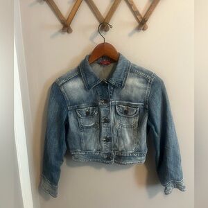 Guess Y2K stretch cropped denim jacket  with embroidery and sparkles on the back